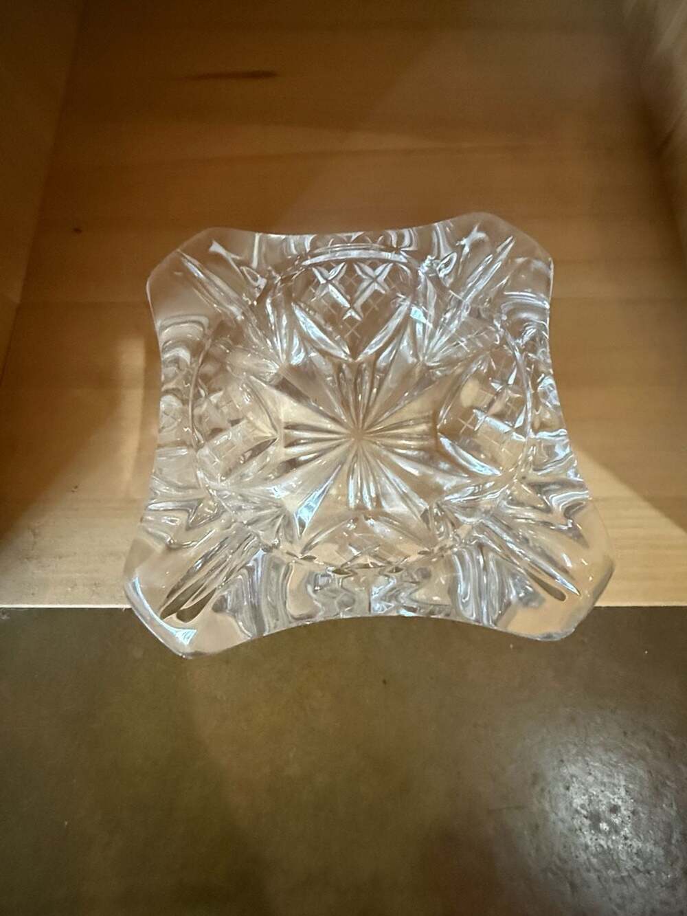 Vintage Heavy Lead Crystal Square Ashtray with Starburst Cut Design